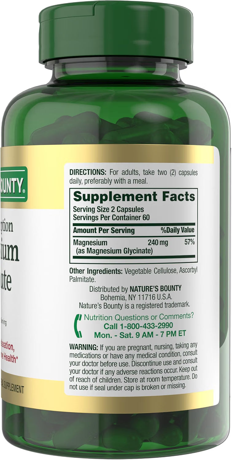 Nature’s Bounty High Absorption Magnesium Glycinate 240 mg Capsules, 120 ct