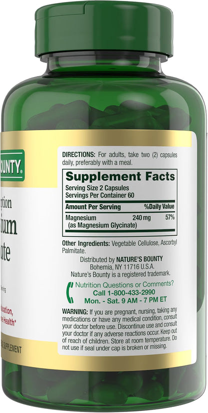 Nature’s Bounty High Absorption Magnesium Glycinate 240 mg Capsules, 120 ct