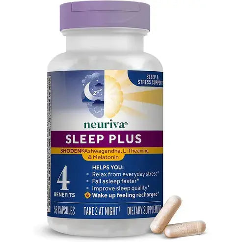 NEURIVA Sleep Plus with 4-in-1 Benefits - Clinically Tested Ashwagandha, L-Theanine & Melatonin - Reduce Stress, Fall Asleep Faster, Improve Sleep Quality, Wake Up Refreshed*,

