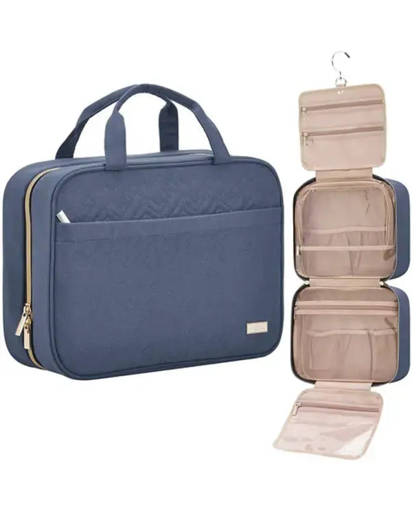 NISHEL Travel Toiletry Bag for women, Portable Hanging Organizer for Full-Sized Shampoo, Conditioner, Brushes Set, Travel-Size Accessories, Aegean-Blue
