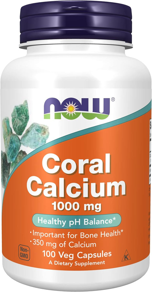 Supplement bottle labeled 'Coral Calcium 1000 mg' with Now brand on a white background