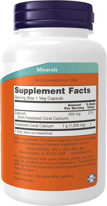NOW Coral Calcium 1000mg, 100 Capsules Supplement bottle with label showing 'Supplement Facts' on a white background