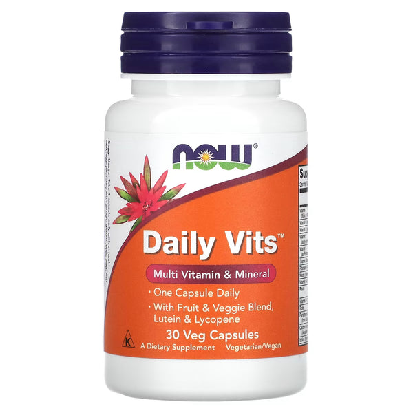 Supplement bottle labeled 'Daily Vits' with Now brand on a white background