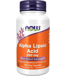 Bottle of NOW Alpha Lipoic Acid 250 mg with 120 Veg Capsules, indicating support for glutathione production and free radical scavenging.