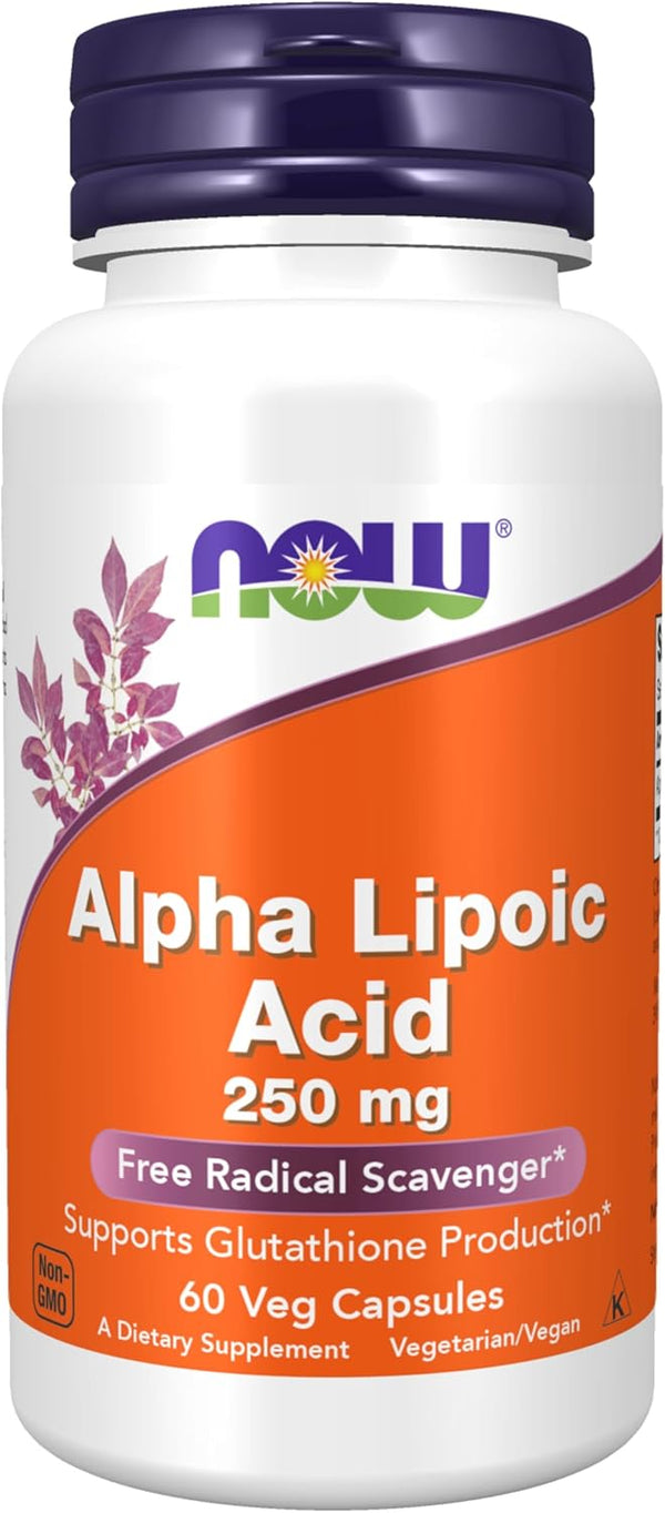 Supplement bottle of Alpha Lipoic Acid 250 mg with NOW brand on a white background