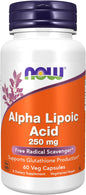Supplement bottle of Alpha Lipoic Acid 250 mg with NOW brand on a white background