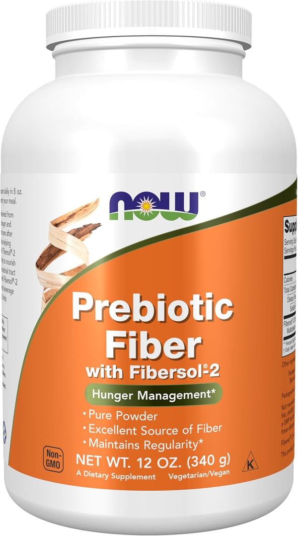 Supplement container labeled 'Prebiotic Fiber with Fibersol-2' by NOW on a white background
