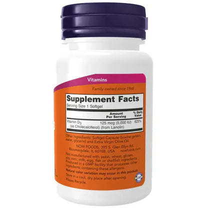 NOW Supplements, Vitamin D-3 5,000 IU, High Potency, Structural Support*, 120 Softgels