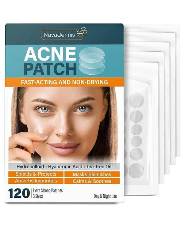 NUVADERMIS Acne Pimple Patches - Dark Spot, Blemish, Zit Treatment - 54% Hydrocolloid Dot Stickers - 120 Patch Pack for Clean Skin - Hyaluronic Salicylic Acid, Tea Tree Oil, Vitamin A - Face Cystic Po
