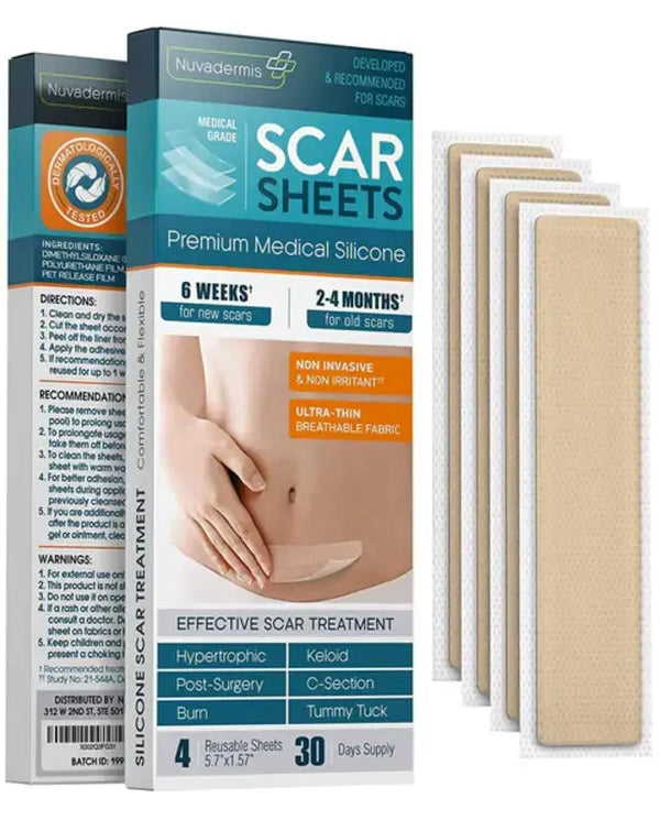 NUVADERMIS Silicone Scar Sheets - Extra Long Scar Sheets for C-Section, Tummy Tuck, Keloid, and Surgical Scars - Reusable Medical Grade Silicone Scar Sheets - Pack of 4 - Light Tone
