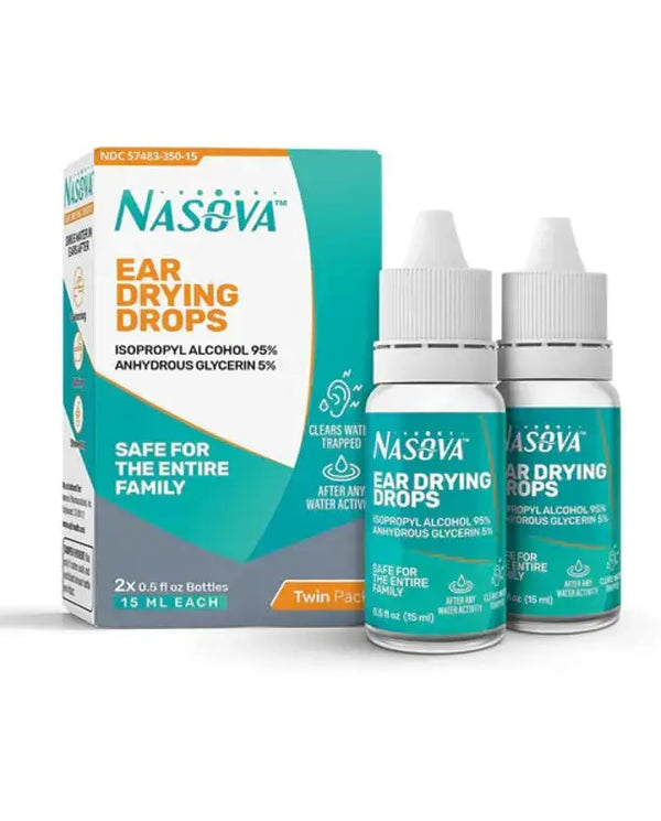 Nasova Swimmer's Ear Drying Drops for Adults & Kids, Twin Pack 2X 0.5 fl oz Bottles (15 ml Each) Clear Trapped Water After Any Water Activity.
