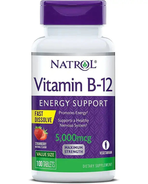 Natrol Vitamin B12 Fast Dissolve Tablets, Promotes Energy, Supports a Healthy Nervous System, Maximum Strength, Strawberry Flavor, 5,000mcg, 100 Ct
