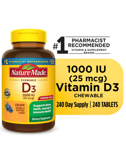 Nature Made Vitamin D3 1000 IU (25 mcg) Chewable Tablets, Dietary Supplement for Bone and Immune Health Support, 240 Count