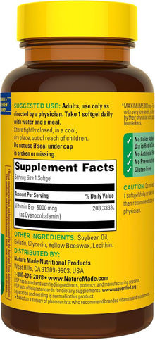 Nature Made Maximum Strength Vitamin B12 5000 mcg, Dietary Supplement for Energy Metabolism Support, 60 Softgels, 60 Day Supply