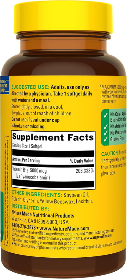 Nature Made Maximum Strength Vitamin B12 5000 mcg, Dietary Supplement for Energy Metabolism Support, 60 Softgels, 60 Day Supply