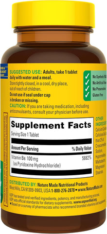 Nature Made Vitamin B6 100mg, B6 Vitamins for Energy Metabolism Support, 100 Tablets, 100 Day Supply