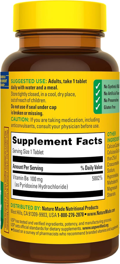 Nature Made Vitamin B6 100mg, B6 Vitamins for Energy Metabolism Support, 100 Tablets, 100 Day Supply
