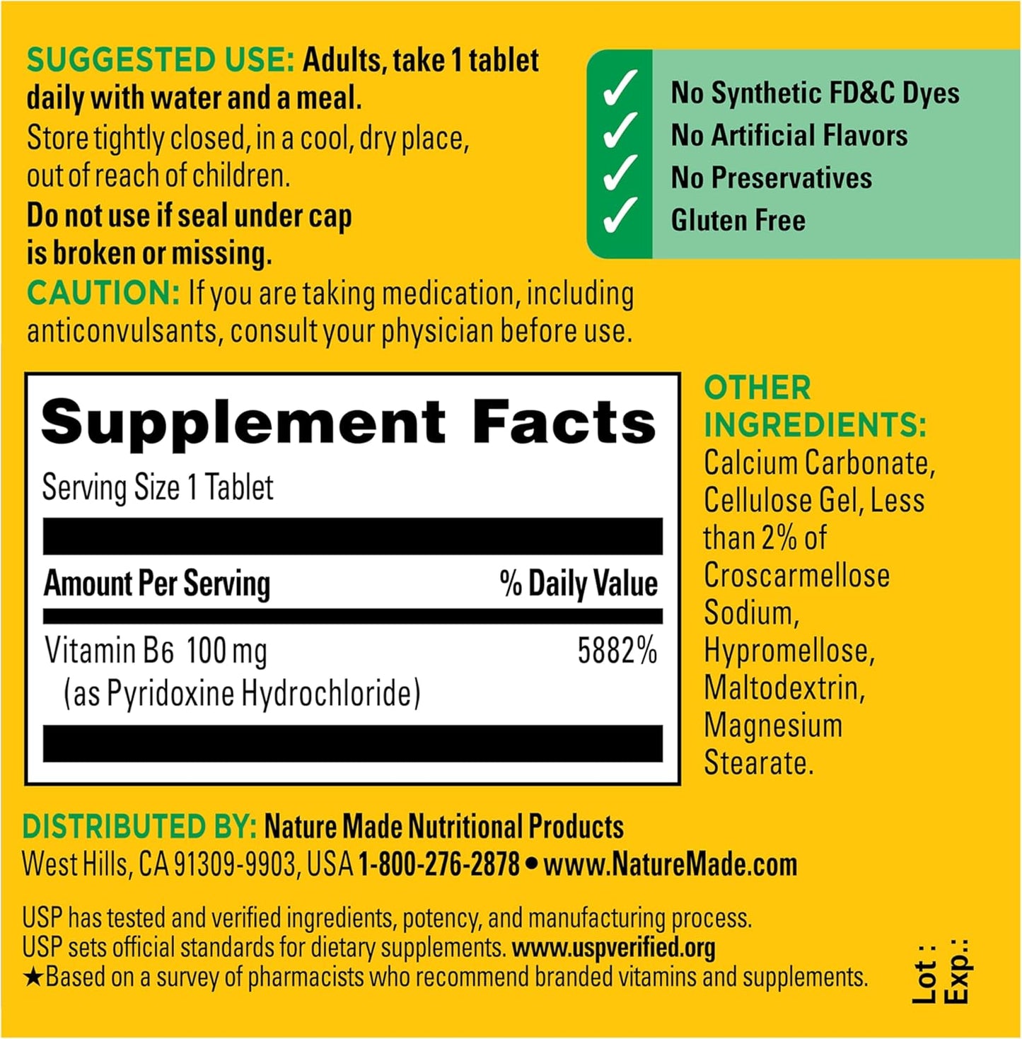 Nature Made Vitamin B6 100mg, B6 Vitamins for Energy Metabolism Support, 100 Tablets, 100 Day Supply