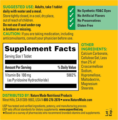 Nature Made Vitamin B6 100mg, B6 Vitamins for Energy Metabolism Support, 100 Tablets, 100 Day Supply