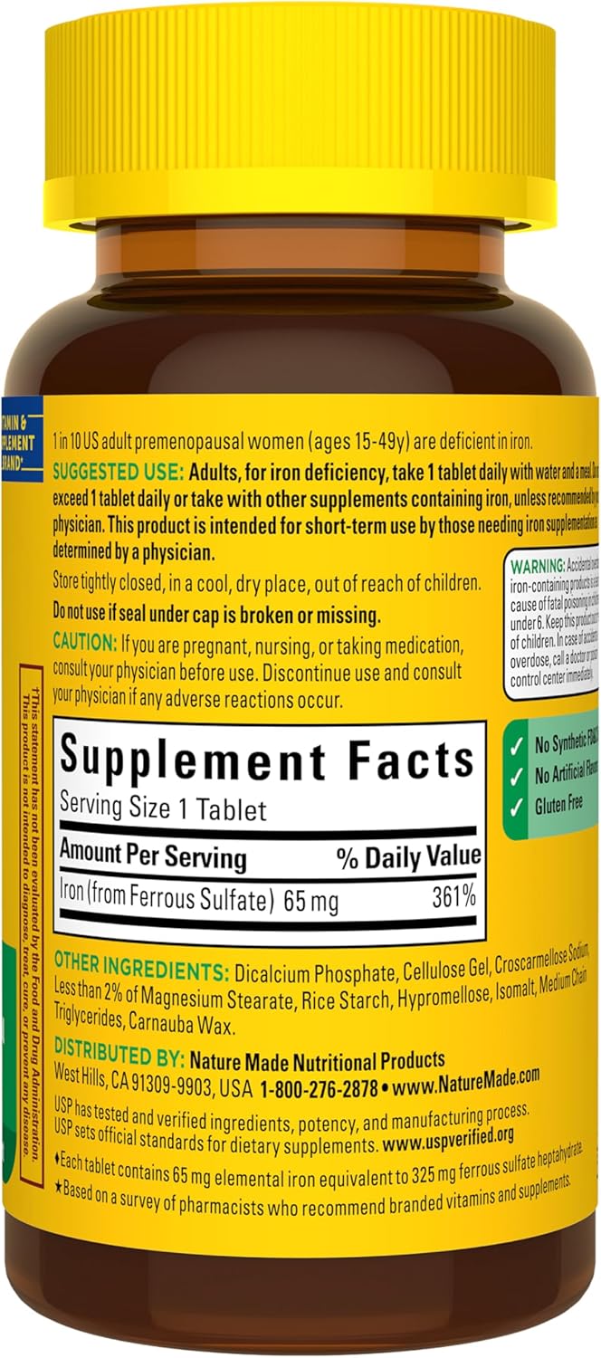 Nature Made Iron 65 mg (325 mg Ferrous Sulfate) Tablets, Iron Supplements, Dietary Supplement for Red Blood Cell Support, 180 Tablets, 180 Day Supply