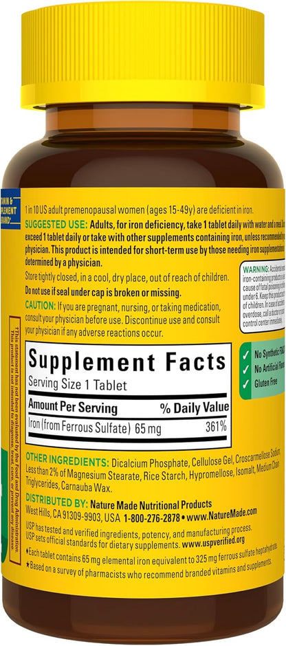 Nature Made Iron 65 mg (325 mg Ferrous Sulfate) Tablets, Iron Supplements, Dietary Supplement for Red Blood Cell Support, 180 Tablets, 180 Day Supply