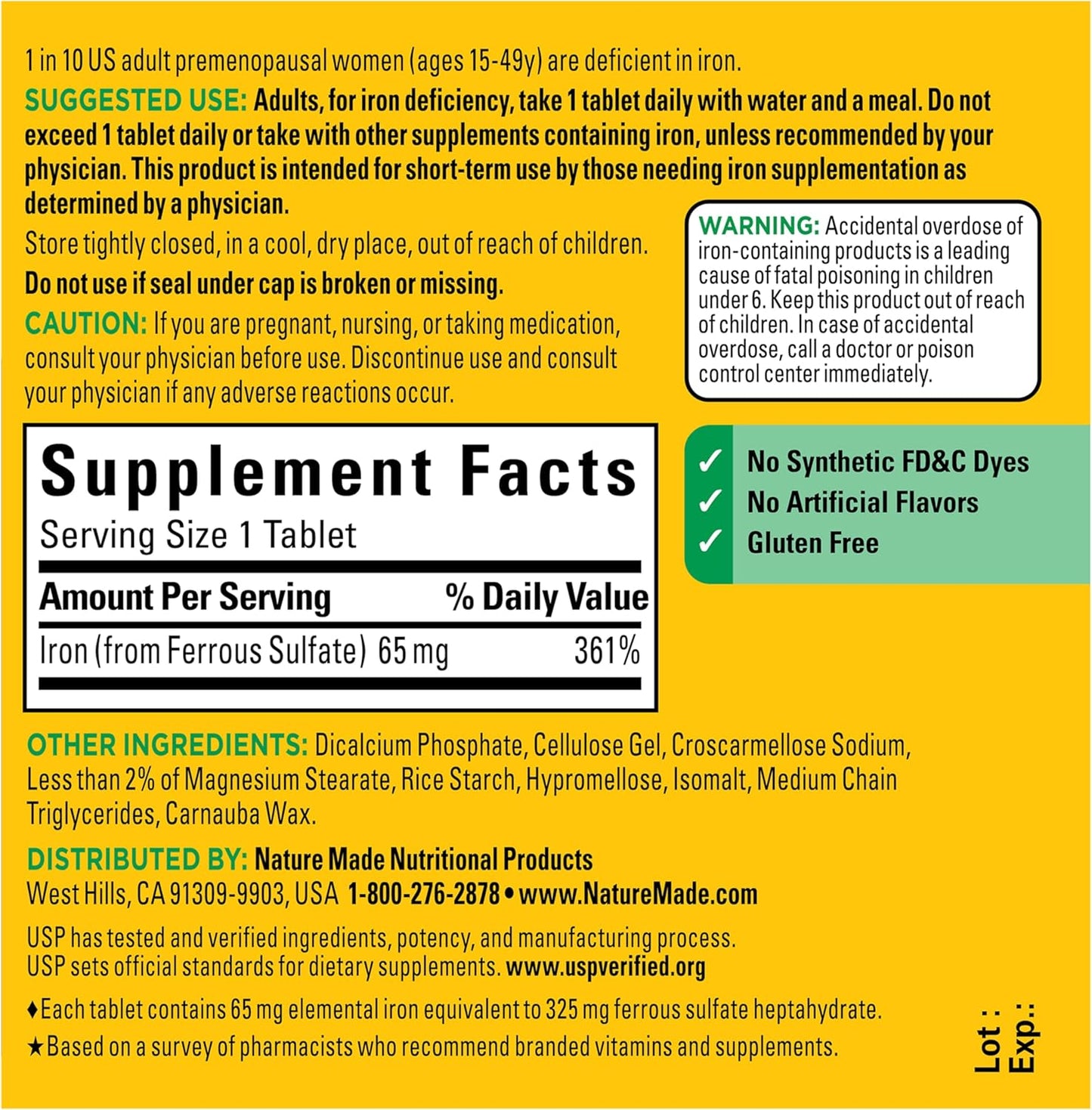 Nature Made Iron 65 mg (325 mg Ferrous Sulfate) Tablets, Iron Supplements, Dietary Supplement for Red Blood Cell Support, 180 Tablets, 180 Day Supply