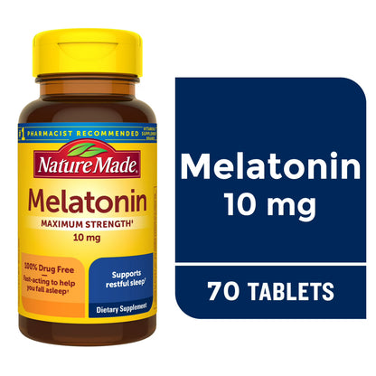 Nature Made Melatonin 10mg Maximum Strength Tablets, 100% Drug Free Sleep Aid for Adults, Melatonin for Adults, 70 Count, 70 Day Supply