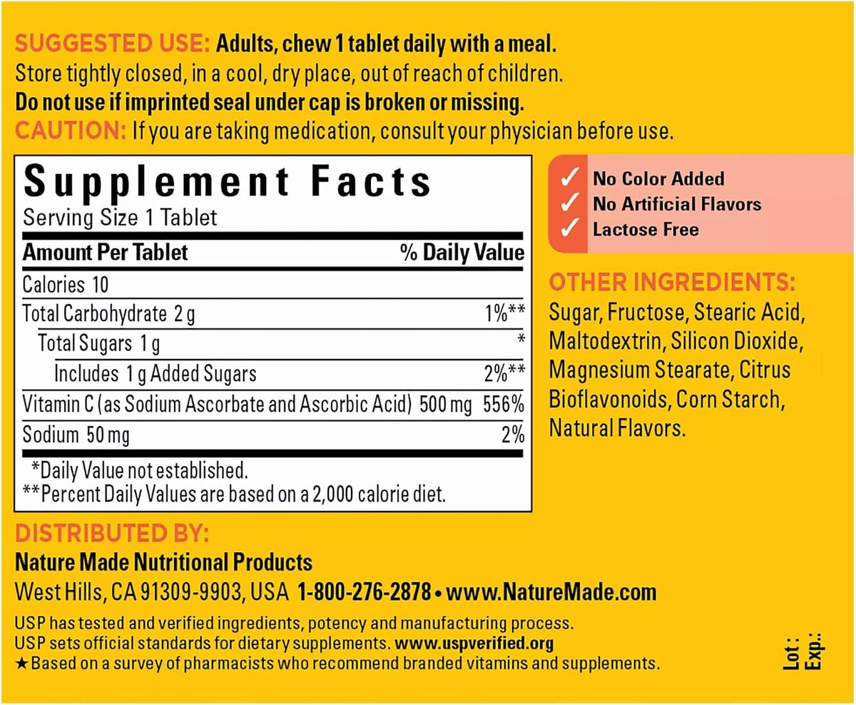 Nature Made Chewable Vitamin C 500 mg Tablets, 60 Count