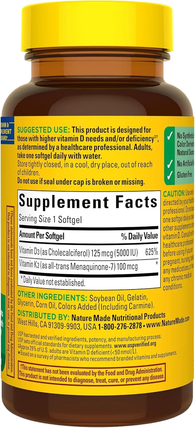 Nature Made Vitamin D3 K2, 5000 IU (125 mcg), 30 Softgels