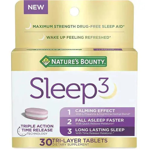 Nature Bounty Sleep3 Maximum Strength 100% Drug Free Sleep Aid, Dietary Supplement, L-Theanine & Nighttime Herbal Blend Time Release Technology, 10mg, 30 Tri-Layered Tablets
