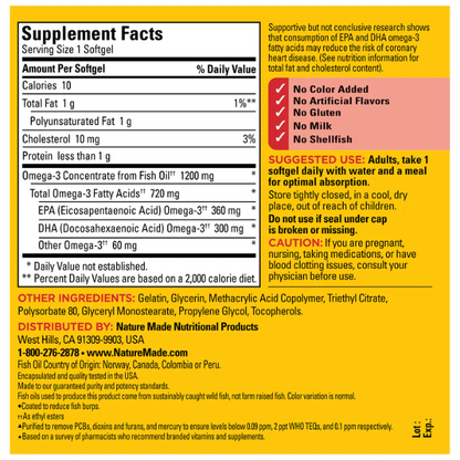 Nature Made Burp Less Omega 3 Fish Oil 1200 mg Softgels, 125 Count