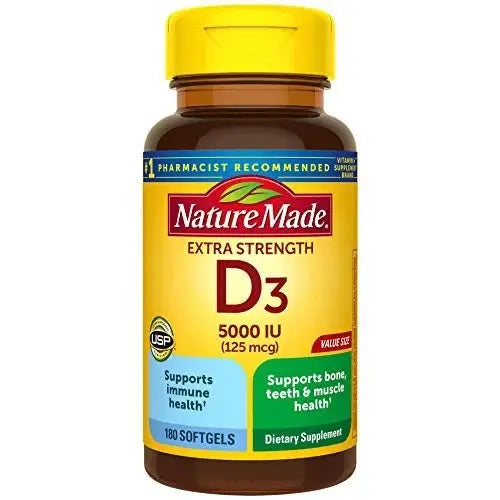 Nature Made Extra Strength Vitamin D3 5000 IU (125 mcg), 180 Softgels, 180 Day Supply
