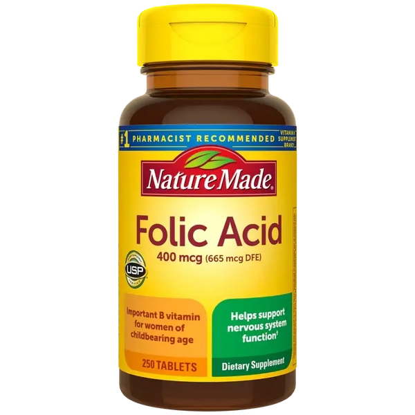Nature Made Folic Acid 400 mcg (665 mcg DFE), Dietary Supplement for Nervous System Function, 250 Tablets, 250 Day Supply
