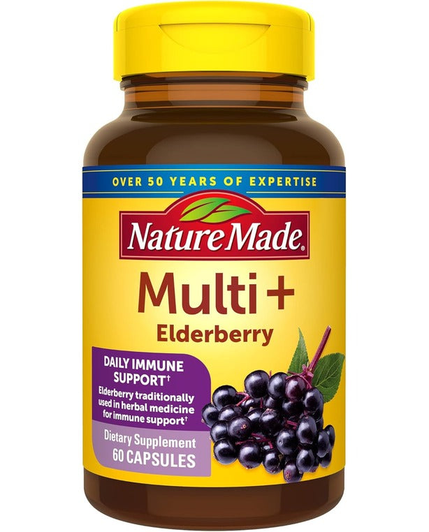Nature Made Multi + Elderberry Capsules, Multivitamin for Daily Immune Support, One Per Day Multivitamin, 60 Count
