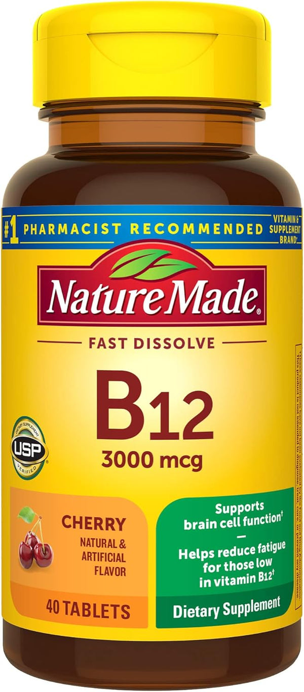 Bottle of Nature Made Vitamin B12 3000 mcg fast dissolve tablets with cherry flavor, containing 40 tablets.