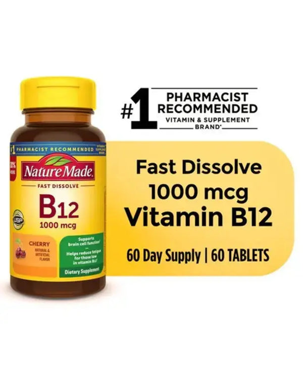 Nature Made Vitamin B12 Sublingual 1000 mcg Sugar Free Fast Dissolve Tablets, 60 Count
