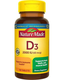 Nature Made Vitamin D3 2000 IU (50 mcg) Softgels, Dietary Supplement for Bone and Immune Health Support, 100 Count

