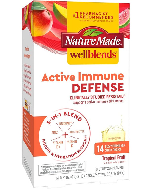 Nature Made Wellblends Active Immune Defense Fizzy Drink Mix, ResistAid, Vitamin C 500mg, Vitamin D 1000 IU, Zinc, and Electrolytes Powder, 14 Stick Packs
