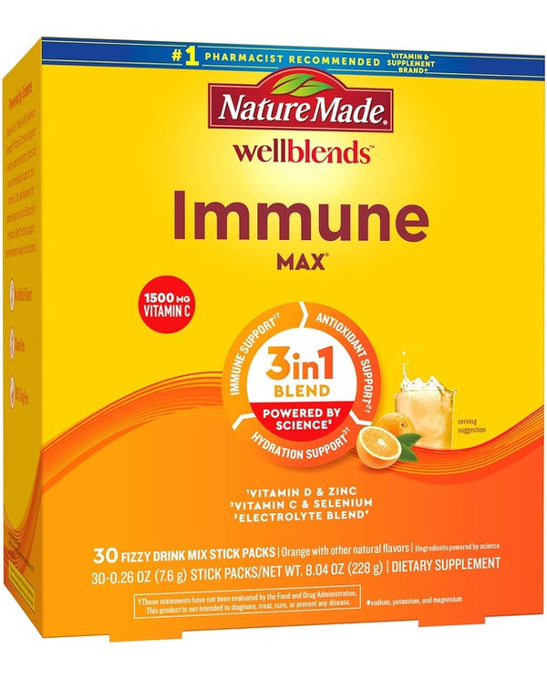 Nature Made Wellblends ImmuneMAX Fizzy Drink Mix, Vitamin C 1500mg, Zinc 15 mg, Vitamin D3 1000 IU (25 mcg), plus B Vitamins and Electrolytes Hydration Blend, 30 Stick Packs
