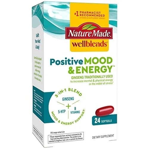 Nature Made Wellblends Positive Mood & Energy, 5HTP, Thiamin, Niacin, Vitamin B6, Vitamin B12, and Pantothenic Acid, plus Ginseng, 24 Softgels
