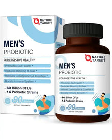 Nature Target Probiotics for Men with Men Care Supplement - 60 Billion CFUs & 14 Strains Dr. Formulated Prebiotics & Probiotics for Men's Digestive and Immune Health, Shelf Stable, Gluten & Soy Free (90 Tablets)
