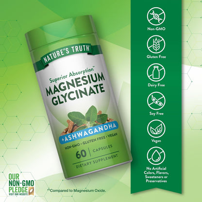 Nature's Truth Magnesium Glycinate with Ashwagandha | 60 Capsules | Vegan, Non-GMO & Gluten Free Supplement