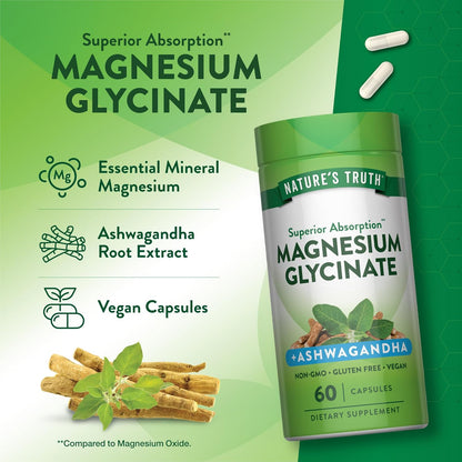 Nature's Truth Magnesium Glycinate with Ashwagandha | 60 Capsules | Vegan, Non-GMO & Gluten Free Supplement