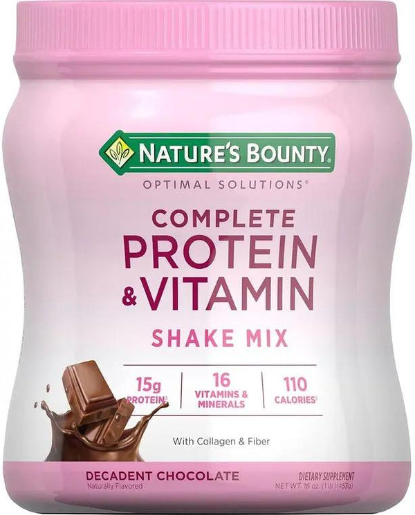 Nature's Bounty Complete Protein & Vitamin Shake Mix with Collagen & Fiber, Contains Vitamin C for Immune Health, Decadent Chocolate Flavored, 1 lb
