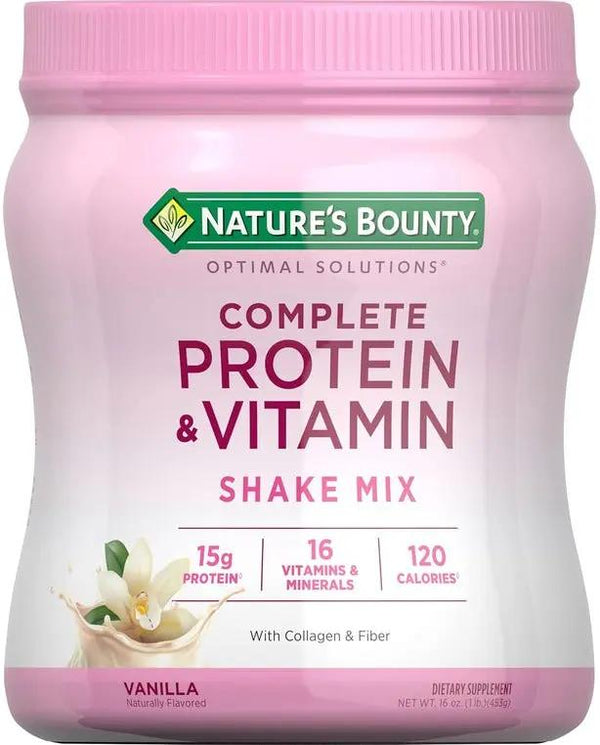 Nature's Bounty Complete Protein & Vitamin Shake Mix with Collagen & Fiber, Contains Vitamin C for Immune Health, Vanilla Flavored, 16 Oz
