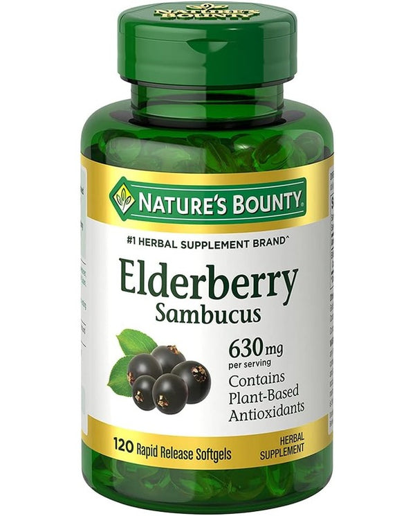 Nature's Bounty Sambucus Elderberry Herbal Supplement, Rapid Release Softgels, 630 mg per Serving, 120 Count
