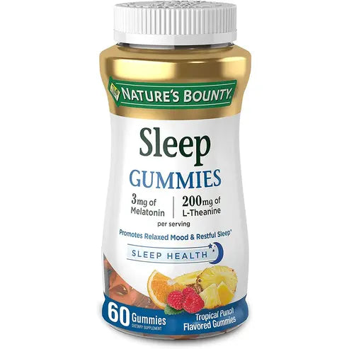 Nature's Bounty Sleep Gummies, 3mg Melatonin and 200mg L-theanine, 100% Drug-Free Sleep Aid, Promotes A Sound Sleep Cycle, 60 Count