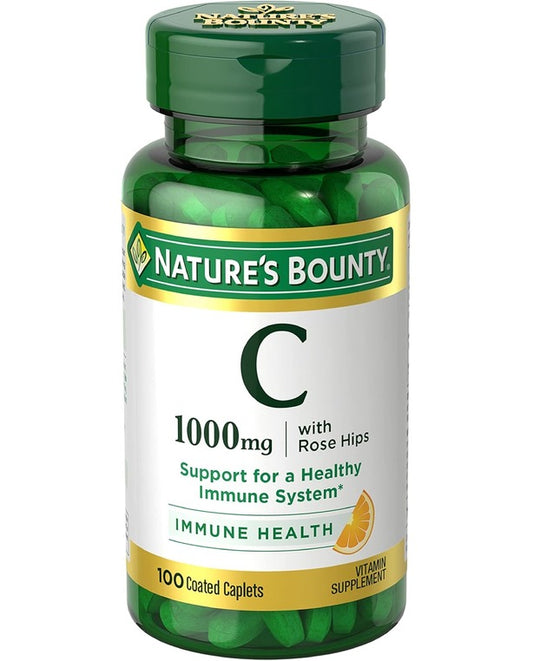 Nature's Bounty Vitamin C + Rose Hips, Immune Support, 1000mg, Coated Caplets, 100 Ct
