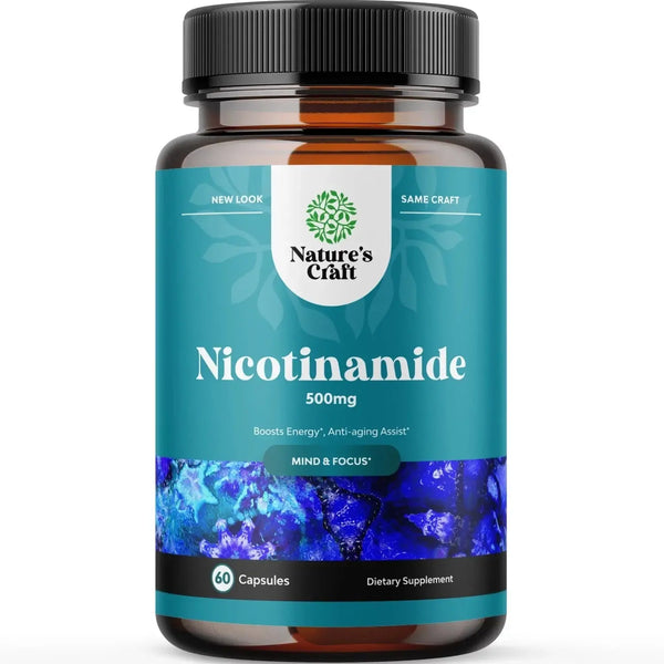 Nature's Craft Vitamin B3 Niacinamide 500mg Capsules - Mitochondrial Energy and Potent Skin Supplement - 60 Count
