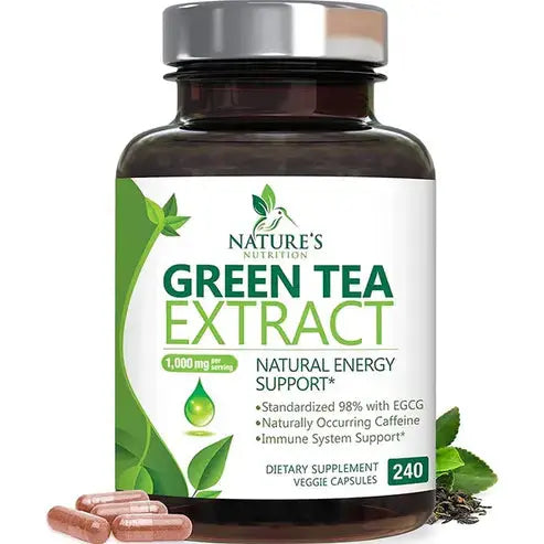 Nature's Nutrition Green Tea Extract Capsules 98% Standardized EGCG 1000mg - 3X Strength for Natural Energy - Heart Support with Polyphenols - Gentle Caffeine - 240 Capsules
